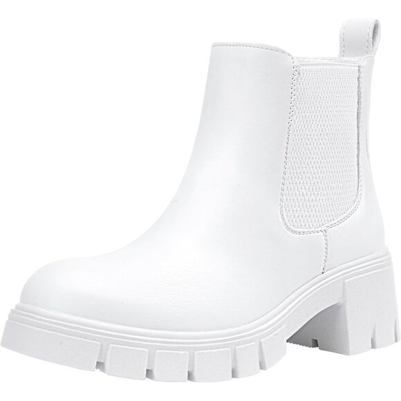 Vepose Women's White Faux Chelsea Leather Lug Sole Elastic Slip on Ankle Booties - Picture 1 of 9